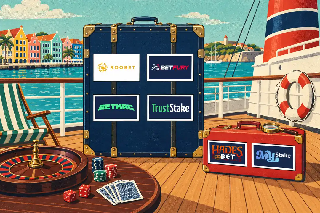 A 1950s travel poster of a steamer trunk on a liner deck in Willemstad: the four reviewed casinos' labels on the trunk in rating order, the two licence checks on a red case under a magnifying glass